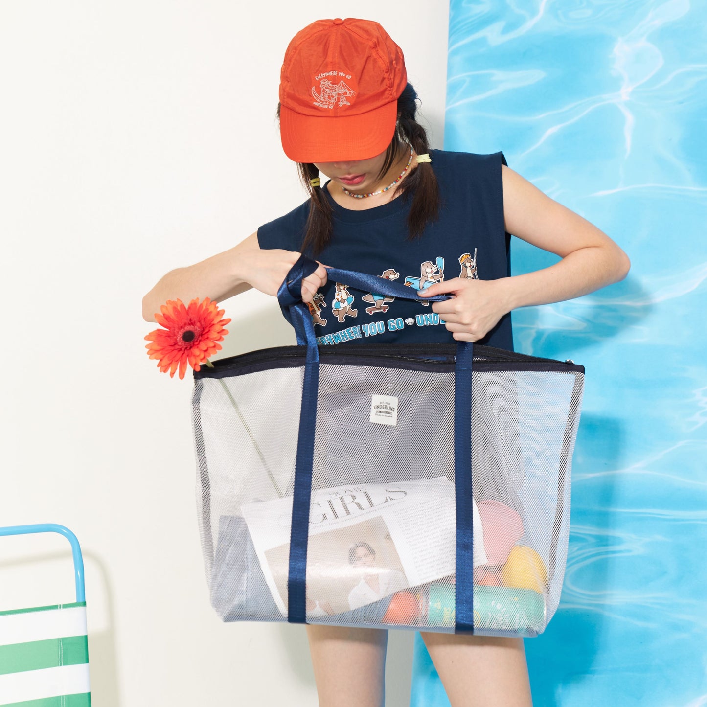 Underline Nylon Mesh Grocery Bag / Beach Bag / L
